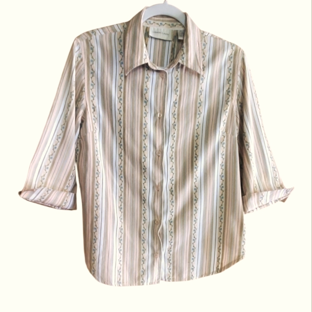Lemon Grass Ladies Cotton Embroidered 3/4 Sleeve Button Front Shirt Size Med